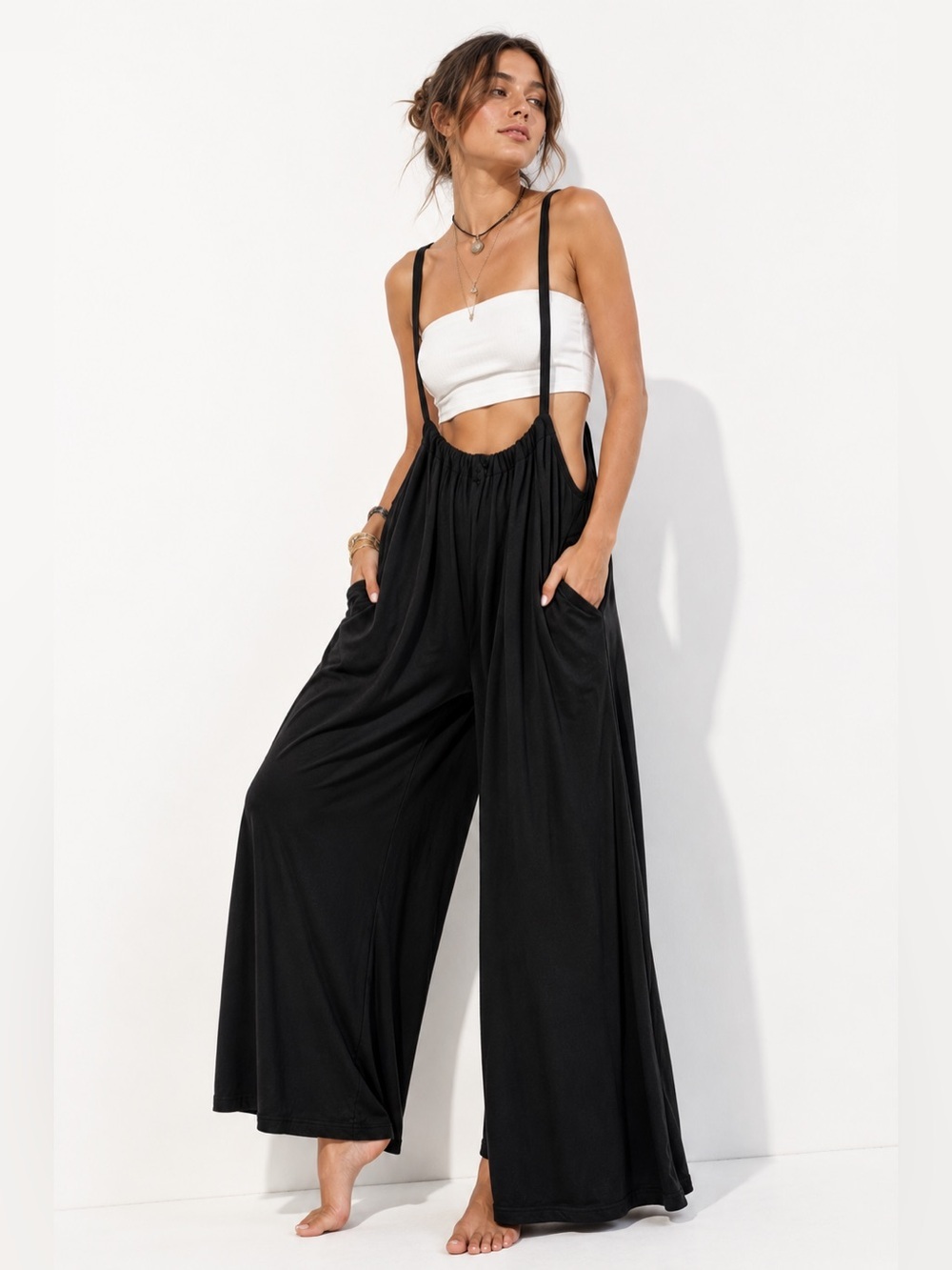 Bucket List Wide Leg Suspender Jumpsuit Pants Black Boho Pockets S